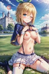 1girls after_sex ai_generated akashic_records_of_bastard_magic_instructor artsbuyu blonde_hair blue_eyes blush capelet cum cum_in_pussy cum_inside garter_straps green_ribbons hair_ribbon hand_on_breast hi_res legwear looking_at_viewer navel nipples pussy rumia_tingel short_hair sitting skirt smile stable_diffusion suspenders wariza white_legwear white_skirt white_thighhighs