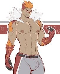 1boy abs bulge cocky facial_hair facial_markings gasaiv gauntlets gijinka goatee goatee_stubble looking_at_viewer male male_only mane muscular muscular_arms muscular_chest nipples orange_hair pants pecs pokemon pokemon_xy red_hair scales solo solo_male standing topless two_tone_hair tyrantrum