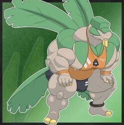 anklet anthro athletic_wear biceps big_muscles bottomwear bulge clothed clothing detailed_bulge digital_media_(artwork) elemental_creature english_text feet flora_fauna food fruit generation_3_pokemon genital_outline gym_bottomwear gym_shorts hands_on_knees hands_on_legs hands_on_own_knees hands_on_own_legs hands_on_thighs hat hat_over_eyes headgear headwear hi_res huge_muscles hyper hyper_muscles jewelry male muscular muscular_anthro muscular_male nintendo nipples pecs penis_outline plant plantigrade pokemon pokemon_(species) seaserpenttailor shirt shorts simple_background smile solo sportswear text text_on_clothing text_on_shirt text_on_topwear toes topwear tropius wings