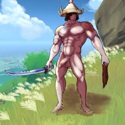 1boy genshin_impact hat male male_only nobushi_(genshin_impact) nude nude_male standing tattoo