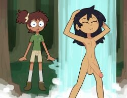 2futas amphibia amphibia_(series) anne_boonchuy areolae balls big_balls big_dick big_penis black_hair black_skin breasts brown_hair clothed clothing dick dickgirl disney disney_channel forest forest_background fully_clothed futa_only futanari human light_skin long_hair marcy_wu miscon nipples penis rain second-party_source shocked short_hair shower showering smooth_balls smooth_penis standing tan-skinned_futanari