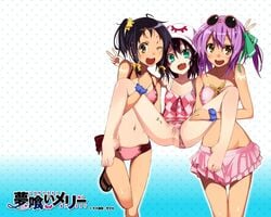 3girls body_writing cum cum_in_ass cum_inside cute_fang green_eyes hat kounagi_yui merry_nightmare midriff multiple_girls navel photoshop pointy_ears purple_hair ribbon short_hair smile spread_legs tachibana_isana uncensored wallpaper yumekui_merry