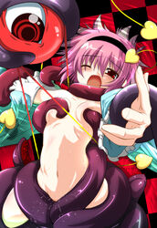 1girls breast_squeeze breasts clothed_rape female flat_chest foreshortening fumihiro hairband lying navel nipples nude on_back open_mouth pink_hair purple_eyes pussy_juice rape satori_komeiji short_hair solo tentacle tentacle_rape touhou wet