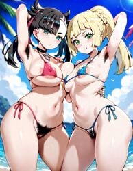 ai_generated beach bikini hairy_armpits hairy_pussy huge_breasts large_breasts lillie_(pokemon) marnie_(pokemon) pokemon pokemon_sm pokemon_ss