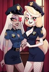 2girls ai_generated blonde_hair charlie_morningstar_(hazbin_hotel) cleavage demon_girl female hazbin_hotel humanoid looking_at_viewer police policewoman seductive smile vaggie_(hazbin_hotel) white_hair yuri