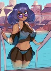 1girls alternate_costume bikini collarbone dark-skinned_female dark_skin drawfag drawthread_request game_freak looking_at_viewer looking_over_eyewear looking_over_sunglasses navel nintendo outdoors pokemon pokemon_sm pool pool_ladder purple-tinted_eyewear purple_hair sina_(pokemon) smile solo sunglasses tinted_eyewear white_bikini