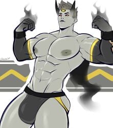 1boy abs abs_visible_through_clothing biceps bulge compression_sleeve dusknoir flexing flexing_arms flexing_bicep gasaiv gijinka grey_body grey_hair horn jockstrap jockstrap_only looking_at_viewer looking_down looking_down_at_viewer low-angle_view male male_only muscular muscular_arms muscular_chest muscular_thighs nipples pecs pokemon pokemon_dppt pov pov_eye_contact red_eyes serious solo solo_male standing third_eye topless underwear underwear_only
