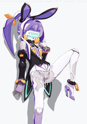 android animal_ears breasts bunny_ears clothes creampie cum cum_in_pussy cum_inside cumdrip doll_joints high_heels highres leg_lift machine mecha_musume musen-shiki_sanhankikan open_clothes open_shirt pantyhose purple purple_hair pussy robot robot_girl shirt torn_clothes torn_pantyhose vagina virtual_on