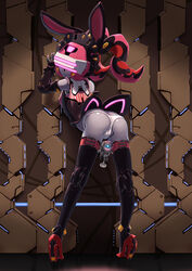 android animal_ears ass bunny_ears bunny_girl clothes cup fei-yen female female_only footwear from_behind grey_skin high_heels highres leaning_forward looking_back machine maid mecha musen-shiki_sanhankikan panties robot robot_girl sega shoes solo standing thighhighs tied_hair twintails underwear virtual_on visor wine_glass