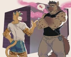 2boys abs anthro biceps bulge clothing comic felid feline felis fur furry gay hyena kolemus male male/male male_only mammal muscular_anthro muscular_male pecs size_difference tight_clothing