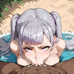1girls ai_generated beach big_breasts black_clover blowjob blush breasts cum cum_in_mouth cum_inside cum_out_nose dark-skinned_male dark_skin deepthroat ejaculation eyes_rolling_back fellatio femsub hi_res interracial large_breasts looking_at_viewer noelle_silva oral outdoors pov purple_eyes royalty silver_hair submissive twintails