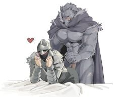 1500jiangbao 2024 abs anthro armor bent_over big_pecs blaidd_(elden_ring) blush canid canine canis cloak clothing digital_drawing_(artwork) digital_media_(artwork) duo elden_ring facial_scar flaccid fluffy fromsoftware fur furry gay genitals grey_body grey_fur headgear heart_symbol helmet hi_res human humor imminent_sex interspecies male male/male male_only mammal mostly_nude muscular muscular_anthro muscular_male nipples pecs penis scar simple_background tarnished white_background wolf