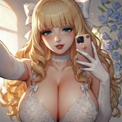 ai_generated autismmix_pony(model) blonde_hair blunt_bangs cellphone charlotte_(fire_emblem) choker curtains eyeshadow female fire_emblem fire_emblem_fates fire_emblem_heroes frilled_choker lipstick selfie smiling upper_body white_bra white_lingerie