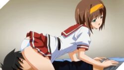 animated ass bed blush brown_hair facesitting fukubiki!_triangle:_miharu_after grinding hairband panties school_uniform shinonome_futaba short_hair sitting sitting_on_person underwear white_panties