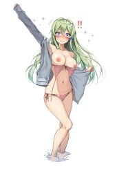 amagi_(amagi626) blue_eyes blush breasts embarrassed green_hair navel nipples sanae_kochiya touhou white_background