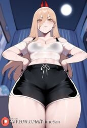 ai_generated black_shorts blonde_hair chainsaw_man demon from_below hands_on_waist horns looking_at_viewer medium_breasts power_(chainsaw_man) primosan pussy_juice red_horns shorts thiccwithaq_(ai_style)