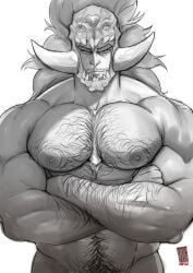 1boy bara biceps doctor_anfelo elden_ring fromsoftware hairy_chest male male_nipples male_only male_pubic_hair monochrome muscular_male nipples no_visible_genitalia pecs shadow_of_the_erdtree starscourge_radahn
