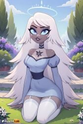 1girls ai_generated artist_name bare_shoulders blue_dress blue_eyes blue_sky breasts choker cleavage cloud dark-skinned_female dark_skin day dress emily_(hazbin_hotel) eyeshadow flower garter_straps grass halo hazbin_hotel hi_res juliet_sleeves long_hair long_sleeves looking_at_viewer makeup medium_breasts off-shoulder_dress off_shoulder outdoors puffy_sleeves rule34lab seiza sitting sky smile solo thighhighs very_long_hair watermark white_hair white_thighhighs