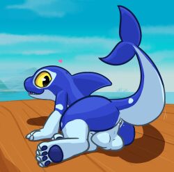 2024 4_toes anus balls big_balls black_eyes blowhole blue_anus blue_body blue_claws blue_pawpads blue_perineum blue_scales canid canine canis cetacean claws dolphin domestic_dog feet finger_claws furry genitals heart_symbol hi_res hybrid looking_back looking_down lying mammal marine nude oceanic_dolphin on_side orca orcane pawpads perineum rivals_of_aether scales sharp_teeth teeth toes toothed_whale ultilix yellow_sclera