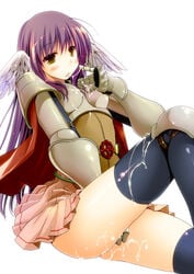 black_legwear black_thighhighs blush cape cum cum_on_body cum_on_clothes cum_on_lower_body cum_on_upper_body cum_string head_wings licking long_hair lord_knight purple_hair ragnarok_online simple_background skirt solo thighhighs yellow_eyes