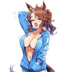 ai_generated animal_ears blue_eyes brown_hair female gyaru horse_girl jacket_only long_hair mejiro_palmer_(umamusume) ponytail two_tone_hair umamusume