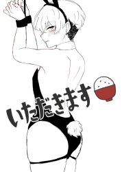 1boy black_and_white bunny_boy bunny_costume bunny_ears bunny_tail bunnysuit chifuyu_matsuno femboy flushed_face hands_tied male male_only monochrome solo tokyo_revengers tongue_out