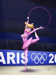 athletic_female blonde_hair blue_eyes bodysuit breasts chouboy contortion contortionist cute exibitionism flexible fringe huge_breasts hula_hoop lipstick looking_at_viewer miraculous_ladybug olympics open_mouth paris_2024 pink_bodysuit rose_lavillant skirt twintails