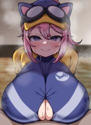 1boy 1girls animal_hat baseball_cap blue_eyes blue_jacket blush cat_hat cleavage detritus duvet208 female long_hair looking_at_viewer paizuri pink_hair ponytail pov smile solo_focus steam steam_(software) steam_delivery_girl steam_logo straight sweat titjob valve valve_(company)