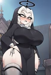 1girls ai_generated angel big_ass big_breasts big_butt big_hips black_lips blush church female female female_focus female_only flustered frown hair halo hazbin_hotel huge_breasts large_breasts looking_at_viewer lute_(hazbin_hotel) nun nun's_habit nun_hat nun_outfit religion religious_clothing short_hair solo solo_female solo_focus sweat thick_thighs tiny_waist white_hair yellow_eyes