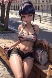 ai_generated ai_hands blue_eyes blue_hair cherry_blossoms chloenette69 city_background crop_top ladybug_(character) large_breasts looking_at_viewer marinette_cheng marinette_dupain-cheng micro_shorts minishorts miraculous:_tales_of_ladybug_and_cat_noir miraculous_ladybug ponytail shiny_skin sitting_on_bench tattoos