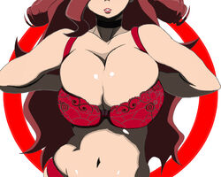 bra breasts choker cleavage drill_hair female heroman huge_breasts lingerie lipstick makeup panties red_bra red_eyes red_hair red_panties simple_background solo toshi_aki underwear vera_collins