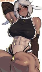 abs animal_ears arm_behind_head arms_up dark-skinned_female dark_skin maid_headdress midriff miruko muscular muscular_female my_hero_academia navel patreon_username rabbit_ears red_eyes rumi_usagiyama simple_background stopu tanlines url white_background white_hair