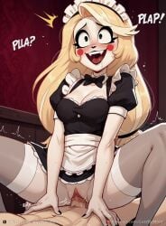 1boy1girl 1girls ahe_gao ai_generated blonde_hair blush charlie_morningstar_(hazbin_hotel) clothed_sex cowgirl_position female happy hazbin_hotel light-skinned_female light-skinned_male long_hair lustful_mind maid maid_headdress maid_outfit maid_uniform male/female open_mouth penis penis_in_pussy pussy saliva sex tagme vaginal_penetration