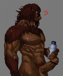 2020 5_fingers abs anthro balls biceps bodily_fluids bottle brown_balls brown_body brown_fur brown_hair brown_nipples brown_nose brown_penis censor_bar colored container erection facial_scar felid final_fantasy final_fantasy_xiv fingers fur genital_fluids genitals grausummon grey_background hair hi_res holding_bottle holding_container holding_object hrothgar humanoid_genitalia humanoid_hands humanoid_penis male male_only mammal muscular muscular_anthro muscular_male nipples nude pecs penis precum question_mark scar simple_background solo solo_male square_enix tied_hair triceps wet
