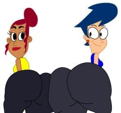 2girls ass big_ass big_butt black_hair black_panties black_skin blue_hair blue_shirt carmen_de_la_cruz clothed darla_myers earrings ec-707 female get_blake looking_at_viewer looking_back red_hair smile transparent_background yellow_shirt