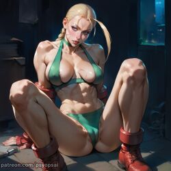 1girls abs ai_generated artist_name artist_psyopsai blonde_hair boots breasts cameltoe cammy_white clothed clothing colored curvy digital_media_(artwork) female female_focus female_only fit_female front_view legs_apart muscles muscular muscular_thighs panties scar solo solo_focus spread_legs street_fighter thin_legs underwear watermark