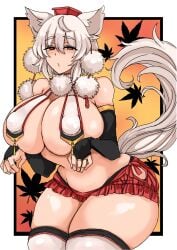 breast_curtains breasts bridal_gauntlets huge_breasts microskirt momiji_inubashiri tagme thick_thighs tokin_hat touhou washiwa wolf_ears wolf_girl wolf_tail