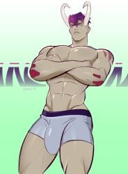 1boy abs arms_crossed arms_crossed_under_pecs big_bulge boxer_briefs bulge gasaiv gijinka great_tusk horn looking_at_viewer looking_down looking_down_at_viewer low-angle_view male male_only muscular muscular_arms muscular_chest muscular_thighs pecs pokemon pokemon_sv pov pov_eye_contact purple_hair serious solo solo_male standing standing_over_viewer underwear underwear_only unimpressed