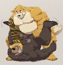 absurd_res anal anthro asphyxiation balls bear belly ben_bigger blush brown_body brown_fur canid canine canis choking duo erection erotic_asphyxiation facial_scar fur genitals hi_res jumperbear male male/male male_penetrated male_penetrating male_penetrating_male mammal mihoyo missing_eye musclegut muscular navel nipples orange_body orange_fur pecs penetration penis rough_sex scar sex shiba_inu spitz tattoo zenless_zone_zero