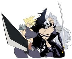 2girls angel_wing big_breasts black_lipstick black_wing blonde_hair breasts cleavage clothed clothing cloud_strife cloudette_strife ear_ring eyelashes female female_only final_fantasy final_fantasy_vii genderswap green_eyes grey_hair holding_weapon huge_breasts light_blue_eyes lipstick long_hair long_sword nipples nipples_visible_through_clothing pointy_chin rule_63 sephimom sephiroth short_hair slb smile smiling spiky_hair sword thick_thighs voluptuous voluptuous_female weapon white_background wide_hips wing