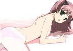 amatsuka_haruka baby_princess breasts brown_hair green_eyes kusaka_souji leggings long_hair lying open_mouth panties pointy_chin see-through sheer topless underwear