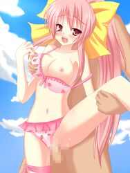 bikini bikini_aside bikini_bottom bikini_top blush blushing breast_grab breasts censored censored_penis erika_(pangya) hana_(artist) hand_on_breast highres holding_breast long_hair nip_slip nipple nipple_slip pangya pink_bikini pink_bikini_bottom pink_bikini_top pink_eyes pink_hair pink_nipples sex swimsuit yellow_bow