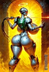 1girls ai_generated android backsack cathy_powers from_behind futuristic gigantic_ass halo helmet hi_res hyper hyper_breasts looking_at_viewer looking_over_shoulder original_character patreon rapier robot_girl self_upload solo sword