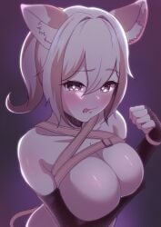 :p arm_under_breasts blush blush breasts breasts_out breasts_together cat_ears cat_tail catgirl harness high-angle_view horny_female large_breasts looking_at_viewer nearly_nude original_character shoulders teasing tongue_out