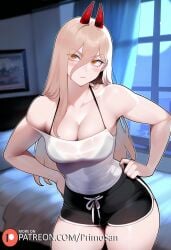 ai_generated black_shorts blonde_hair chainsaw_man demon embarrassed horns medium_breasts power_(chainsaw_man) primosan pussy_juice red_horns shorts standing thiccwithaq_(ai_style)