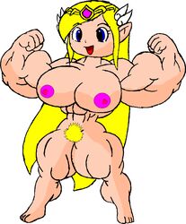 abs big_breasts blonde_hair blue_eyes breasts crown extreme_muscles hair_ornament long_hair muscle muscles muscular muscular_female nipples nude open_mouth pointy_ears princess_zelda pubic_hair smile smooth_skin the_legend_of_zelda the_wind_waker toon_zelda wind_waker