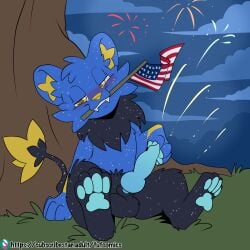 1:1 4th_of_july american_flag anthro balls bedroom_eyes blue_body blue_fur blue_pawpads blue_penis blush erection fuf fur generation_4_pokemon genitals hi_res holidays inner_ear_fluff knot looking_at_viewer male markings narrowed_eyes night nintendo nude pawpads penis plant pokemon pokemon_(species) seductive shinx solo spots spotted_body spotted_fur tail tree tuft united_states_of_america yellow_eyes yellow_nose