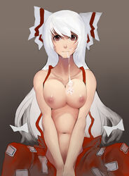 1girls after_fellatio artist_request bow breast_suppress breasts brown_eyes cum cum_in_mouth cum_on_body cum_on_breasts cum_on_upper_body expressionless facial female fujiwara_no_mokou hair_ribbon hairbow highres jjune long_hair naked_suspenders navel nipples red_eyes ribbon solo spread_legs suspenders topless touhou v_arms white_hair