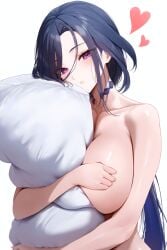 1girl ai_generated big_breasts blue_hair breasts broken_choker choker clorinde_(genshin_impact) eyelashes female female_focus female_only genshin_impact hair_tied hand_covering_breasts hat heart huge_breasts hugging hugging_pillow large_breasts light-skinned_female light_skin long_hair long_ponytail mimi_ai naked naked_female nude nude_female pillow pillow_cover pillow_hug ponytail purple_eyes stable_diffusion tied_hair white_background