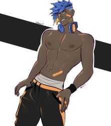 1boy abs bandaid bandaid_on_face blue_hair croagunk eyebrow_slits gasaiv gijinka headphones headphones_around_neck looking_at_viewer male male_only muscular nipples pecs pokemon pokemon_dppt smile smiling_at_viewer smug solo solo_male standing sweatpants topless undercut wraps wristband